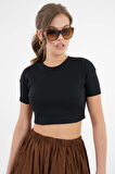 Siyah Bisiklet Yaka Kısa Kol Fitilli Örme Crop Bluz