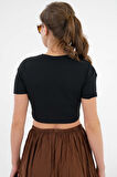 Siyah Bisiklet Yaka Kısa Kol Fitilli Örme Crop Bluz