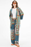 Çok Renkli Desenli Kimono -Beli Lastikli Palazzo Pantolon Alt-Üst Takım