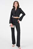Siyah Çizgili Tek Düğme Astarsız Crop Ceket - Beli Lastikli Flare Pantolon Örme Takım