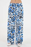 Mavi Çiçekli Beli Lastikli Bağlamalı Bol Paça Dokuma Pantolon
