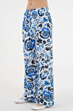 Mavi Çiçekli Beli Lastikli Bağlamalı Bol Paça Dokuma Pantolon