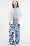Mavi Çiçekli Beli Lastikli Bağlamalı Bol Paça Dokuma Pantolon