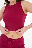 Bordo Atlet Form Yuvarlak Yaka Fitilli Örme Crop Bluz