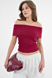 Bordo Madonna Yaka Omzu Açık Fitilli Örme Crop Bluz