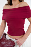 Bordo Madonna Yaka Omzu Açık Fitilli Örme Crop Bluz