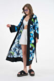Mavi Desenli Maxi Dokuma Kimono