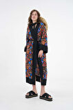 Kahverengi Desenli Maxi Dokuma Kimono