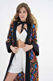 Kahverengi Desenli Maxi Dokuma Kimono