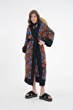 Kahverengi Desenli Maxi Dokuma Kimono