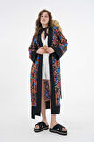 Kahverengi Desenli Maxi Dokuma Kimono