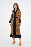Sarı Desenli Maxi Dokuma Kimono