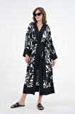 Beyaz Desenli Desenli Maxi Dokuma Kimono
