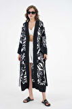 Beyaz Desenli Desenli Maxi Dokuma Kimono