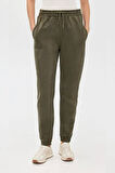 Haki - XL Kadın Standart Fit Beli ve Paçası Lastikli Basic Jogger Eşofman Altı - 3 İplik
