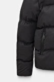 Siyah - L Kadın Relax Fit Kapüşonlu Fermuarlı Kısa Şişme Mont - Puffer Jacket