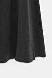 Siyah - STD Kadın Beli Lastikli Midi Boy A Kesim Dökümlü Etek - Yüksek Bel