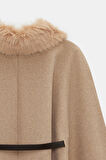 Bej - STD Kadın Kürk Yakalı Kemerli Kaşe Panço - Vintage Glam