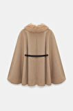 Bej - STD Kadın Kürk Yakalı Kemerli Kaşe Panço - Vintage Glam