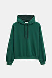 Yeşil - L Kadın Oversize Kapüşonlu Basic Hoodie Sweatshirt