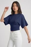 Lacivert Bisiklet Yaka Beli Büzgülü Yarasa Kollu Crop Bluz