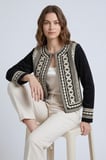 Siyah Kadın Oversize Bisiklet Yaka Önü Açık Nakışlı İnce Gabardin Ceket