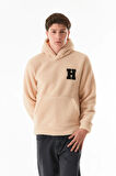 Nakışlı Kapüşonlu Kanguru Cepli Peluş Sweatshirt