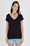 Ön Arka V Yaka Siyah Kadın T-shirt 0003