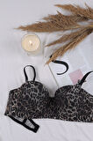 Kadın Dolgusuz Tül Detaylı Leopar Desenli Toparlayıcı Straplez Sütyen