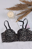 Kadın Dolgusuz Tül Detaylı Leopar Desenli Toparlayıcı Straplez Sütyen