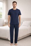 Erkek Lacivert Kısa Kollu Ekose Desenli Pamuklu Pijama Takımı