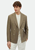 Haki Çizgili Zeroweight Slim Fit Keten Karışımlı Ceket
