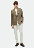 Haki Çizgili Zeroweight Slim Fit Keten Karışımlı Ceket