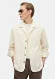 Ekru Düz Casual Fit Dokuma Pamuk Karışımlı Overshırt