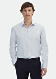 Açık Gri Çizgili Regular Fit Dokuma Klasik %100 Pamuk Gömlek