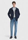 Lacivert Regular Fit Kapüşonlu Denim Dokuma Mont