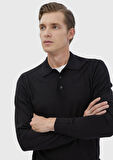 Siyah Polo Yaka Düz Örgü Yün Karışımlı Triko Kazak