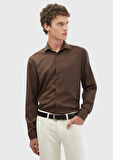 Kahverengi Düz Casual Fit Dokuma Casual İpek Karışımlı Gömlek