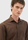 Kahverengi Düz Casual Fit Dokuma Casual İpek Karışımlı Gömlek