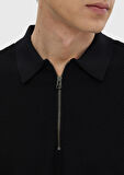 Siyah Polo Yaka Jakarlı Triko Kazak