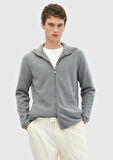 Gri Kapüşonlu Düz Örgü %100 Yün Hırka