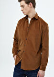Kahverengi Düz Casual Fit Dokuma Kadife Casual %100 Pamuk Gömlek