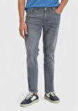 Gri Düz Slim Fit Denim Pamuk Karışımlı Pantolon