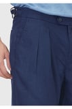 Lacivert Düz Dokuma Carrot Fit Casual %100 Keten Bermuda