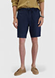 Lacivert Düz Dokuma Carrot Fit Casual %100 Keten Bermuda
