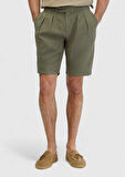 Haki Düz Dokuma Carrot Fit Casual %100 Keten Bermuda
