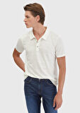 Ekru Düz Polo Yaka %100 Keten T-Shirt