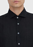 Siyah Düz Casual Fit Dokuma Casual %100 Keten Gömlek