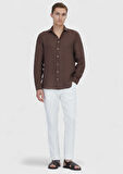Kahverengi Düz Casual Fit Dokuma Casual %100 Keten Gömlek