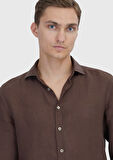 Kahverengi Düz Casual Fit Dokuma Casual %100 Keten Gömlek